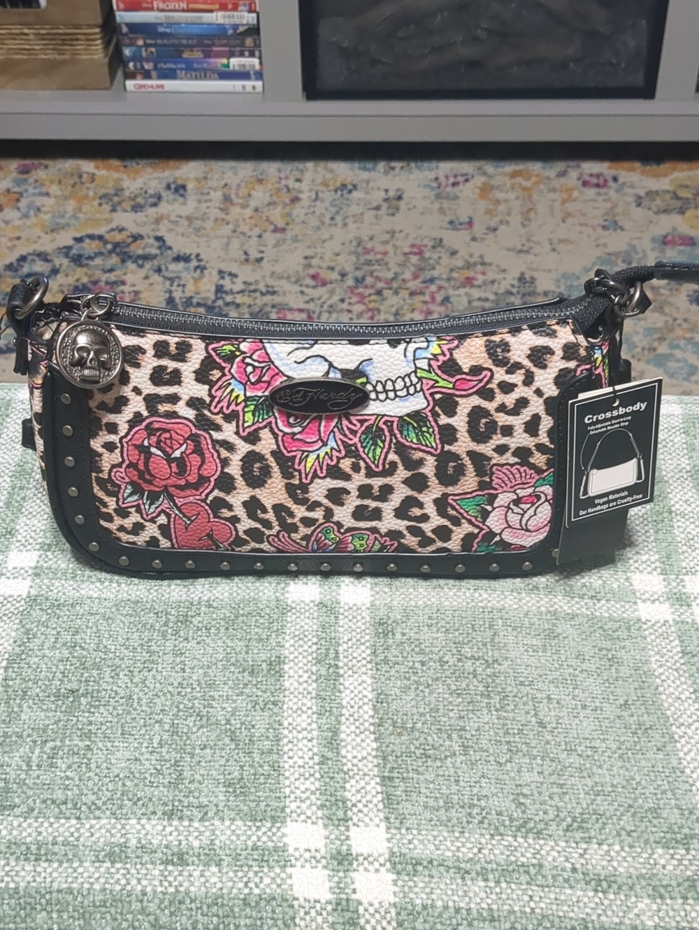Ed Hardy Pink Leopard Floral Skull Crossbody with Black Trim
